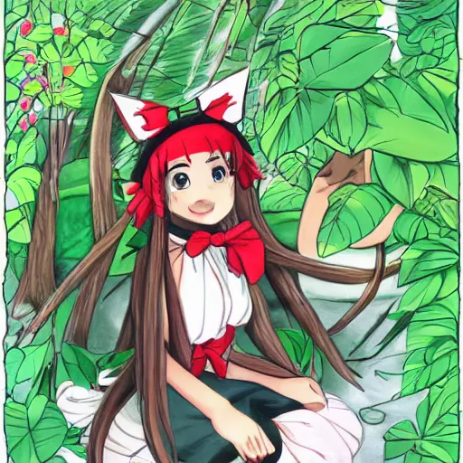 Image similar to a drawing of reimu in the jungle wearing bonnet