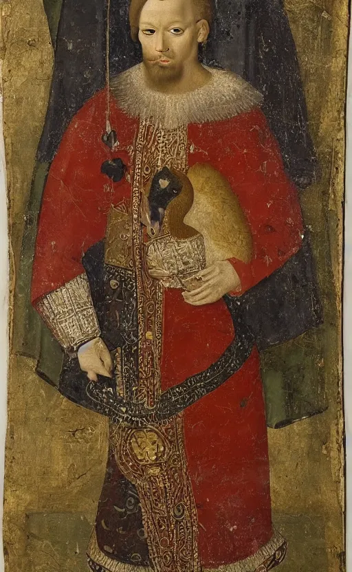 Image similar to portrait of a serbian king holding his pet dodo, painting, 1 5 th century, high quality,