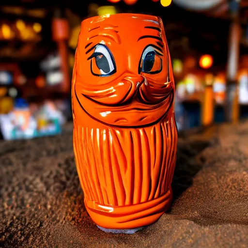 Image similar to a closeup photorealistic photograph of a glossy orange cat garfield style tiki mug sitting at a trader vic's beach bar featuring garfield's face. tiki theme. bright scene. fine detail. this 4 k hd image is trending on artstation, featured on behance, well - rendered, extra crisp, features intricate detail, epic composition and the style of unreal engine.