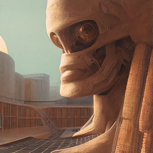 Prompt: detailed face of a synthetic sentient super - intelligent humanoid with eyes warming up, rammed earth courtyard, cool skydome, fresh atmosphere, ambient, rick guidice, syd mead, livia prima, greg rutkowski