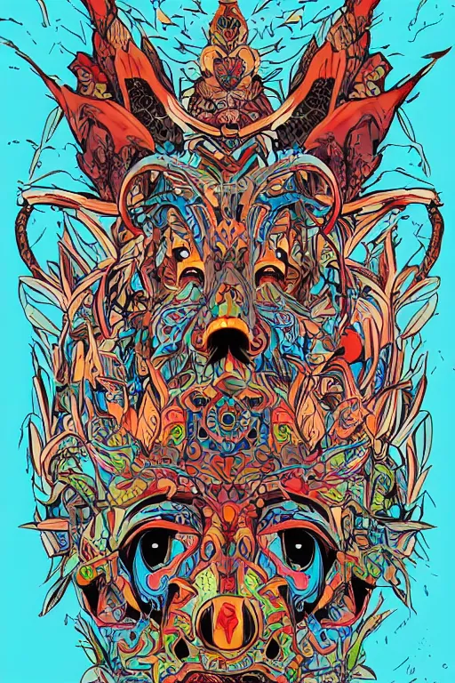 Image similar to animal mask totem roots flower tribal feather gemstone plant wood rock shaman vodoo video game vector cutout illustration vivid multicolor borderlands comics by josan gonzales and dan mumford radiating a glowing aura