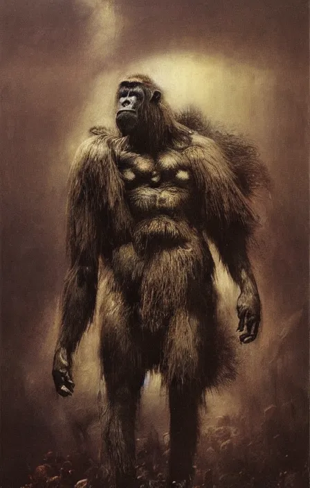 Image similar to war gorilla in tribal armor, beksinski, ruan jia,
