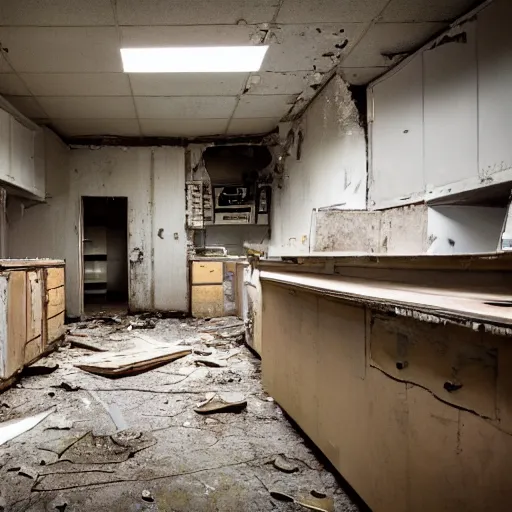 Image similar to HD photo of a 1990s office kitchen, abandoned for centuries, heavily soiled and debris-strewn.