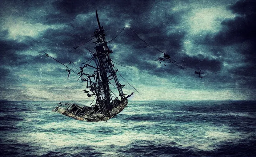 Image similar to “Pirate ship wreck falling from the sky, digital art, cinematic, award winning”