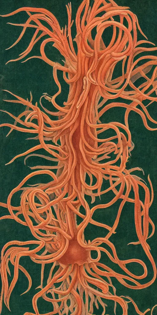 Prompt: A super-detailed image of emaciated deep-sea anemone by Maria Sibylla Merian, photorealism, Color Palette is Dark Orange , Dark Green, Dark Sienna and White