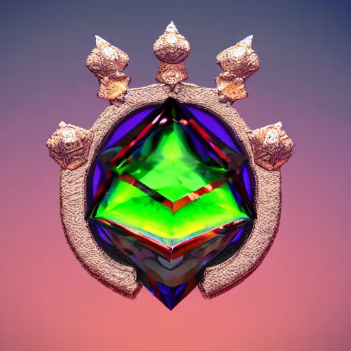 Image similar to 3 d render of a gemstone with crown, green background lighting, realistic, artstation, cg