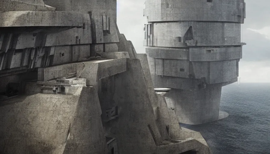 Image similar to big brutalist imperial military base on cliffs, drawing architecture, very long shot, top angle, imperial architecture in rogue one, pritzker architecture prize, brutalism architecture, jan urschel, greig fraser