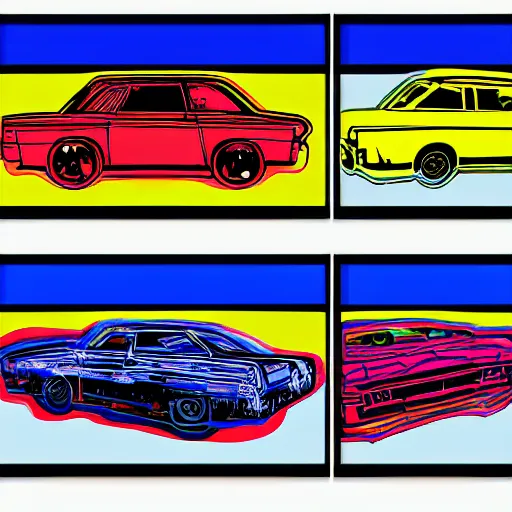 Image similar to a set of cars designed by andy warhol, digital art