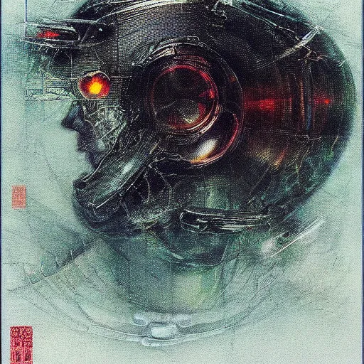 Image similar to “ a simple concept art portrait of a sleek robot design with organic armor, an award winning yoshitaka amano poster, by adrian ghenie and gerhard richter. art by takato yamamoto. masterpiece, deep colours. ”