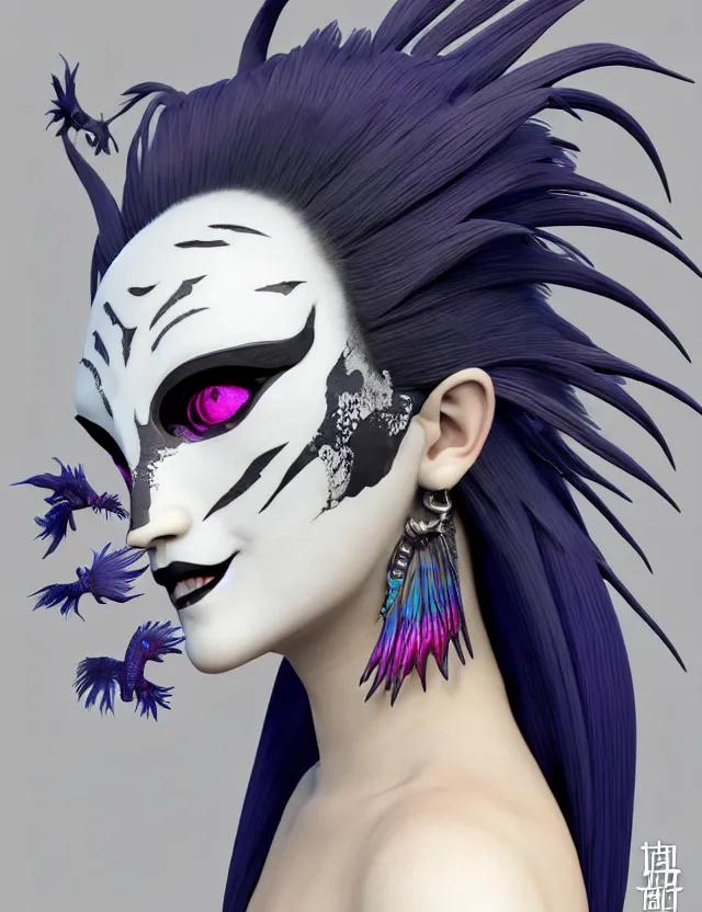 Image similar to 3 d goddess close - up profile simple portrait punk with mohawk with goat skull. beautiful intricately detailed japanese crow kitsune mask and clasical japanese kimono. betta fish, jellyfish phoenix, bio luminescent, plasma, ice, water, wind, creature, artwork by tooth wu and wlop and beeple and greg rutkowski