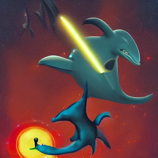 Prompt: “ dolphin in the style of how to train your dragon holding laser gun, floating alone, with a black background, digital art, award winning, trending on art station, retro style ”