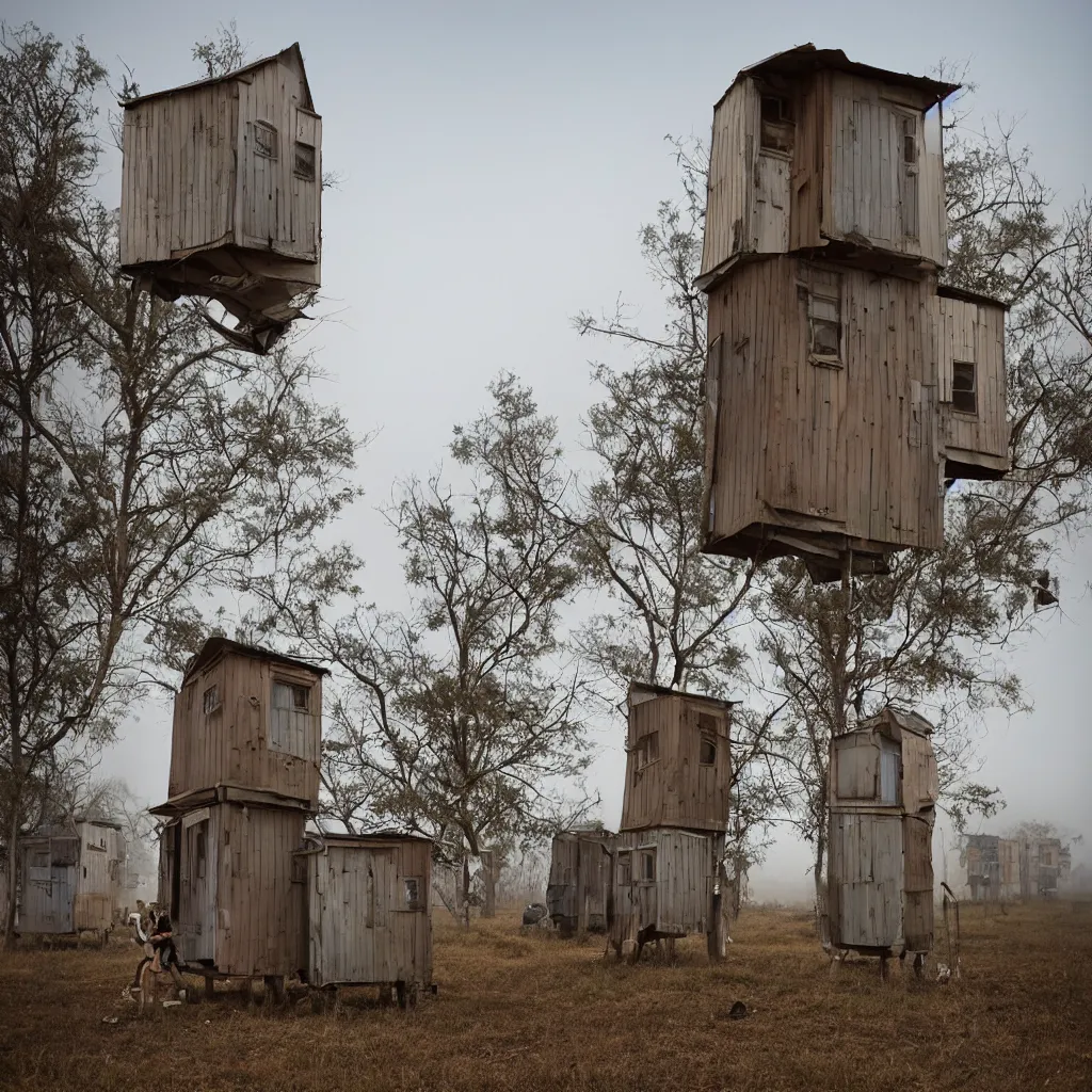 Image similar to two high towers, made up of makeshift squatter shacks with faded colours, plain uniform sky at the back, uneven fog, mamiya, fully frontal view, ultra sharp, very detailed, photographed by julie blackmon