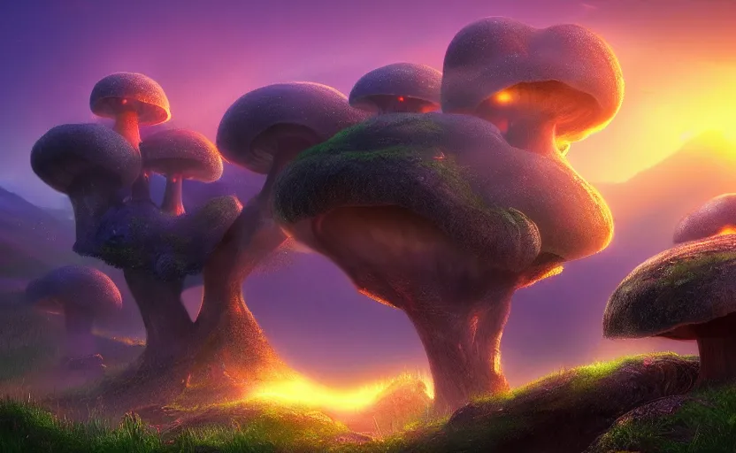 Image similar to a beautiful and stunning professional digital artwork of a humongous mushroom cave, mushroom houses, haze, waterfall, volumetric lighting, hyperrealistic, sunset, rtx on, ultra detail