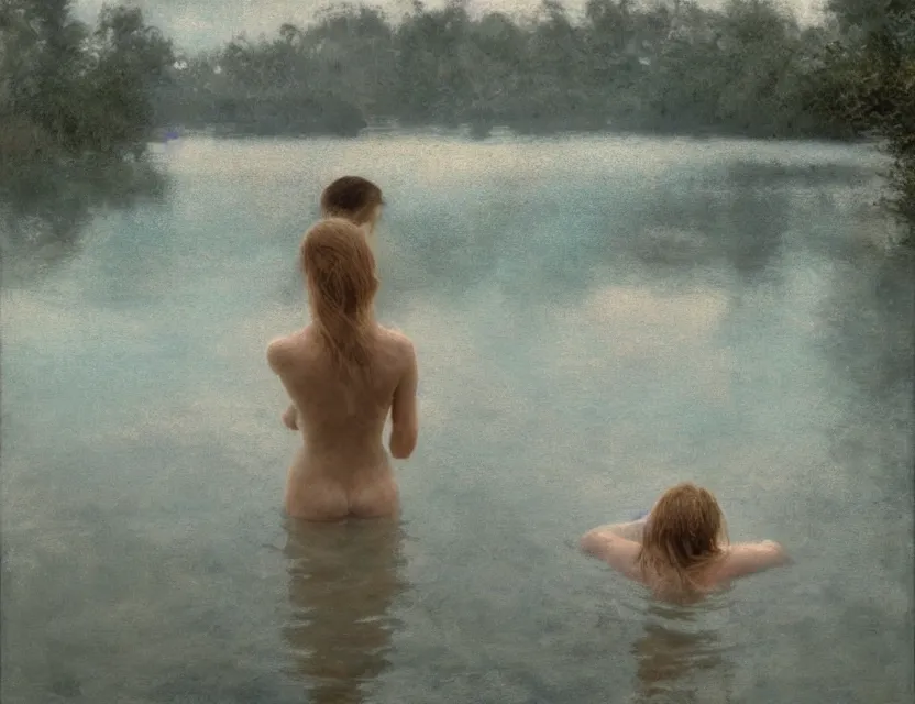 Image similar to peasant with wet hair taking a bath in a lake, back view, cottage core, cinematic focus, polaroid photo bleached vintage pastel colors high - key lighting, soft lights, foggy, by steve hanks, by lisa yuskavage, by serov valentin, by tarkovsky, 8 k render, detailed, oil on canvas