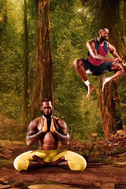 Image similar to lebron james doing yoga in the forest, cybertronian, long shot, cinematography by wes anderson, 4 k octane render, intricate detail, photorealistic, cinematic lighting, artstation