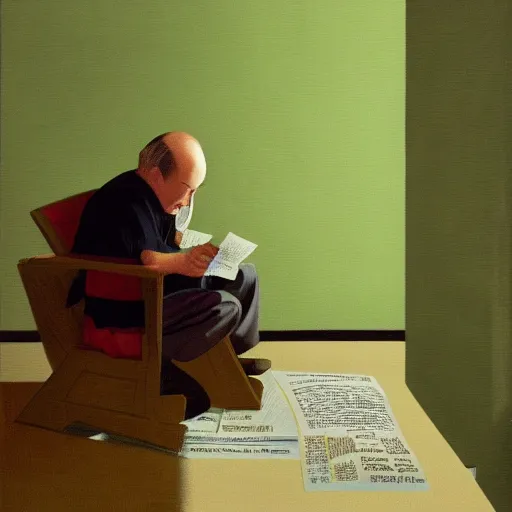 Image similar to japanese balding older man sitting in a chair in his room holding a newspaper and looking at the ceiling with green lighting, contrast, scary painting