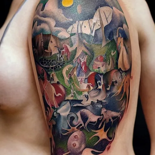 Tattoo of Garden of Earthly Delights originally painted by Bosch 15c   Artwork Tattoos Dove tattoo