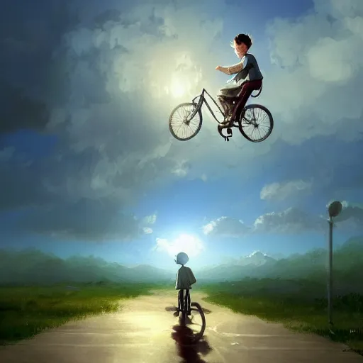 Prompt: A whimsical painting of a boy riding a bicycle flying in the sky through the clouds, painting by Craig Mullins, octane rendering, soft morning lighting, wide angle lens, in the style of Hayao Miyazaki, trending on artstation,