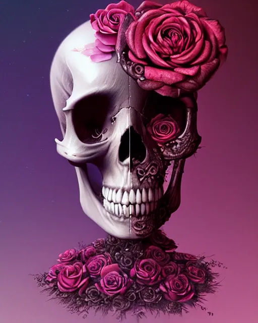 Image similar to portrait of a female skull with roses instead of eyes. roses, intricate abstract upper body intricate artwork, by zdzislaw beksinski tooth wu, wlop, beeple, dan mumford. concept art, octane render, deviantart, greg rutkowski, cinematic arthouse, key art, hyper realism, iridescent accents