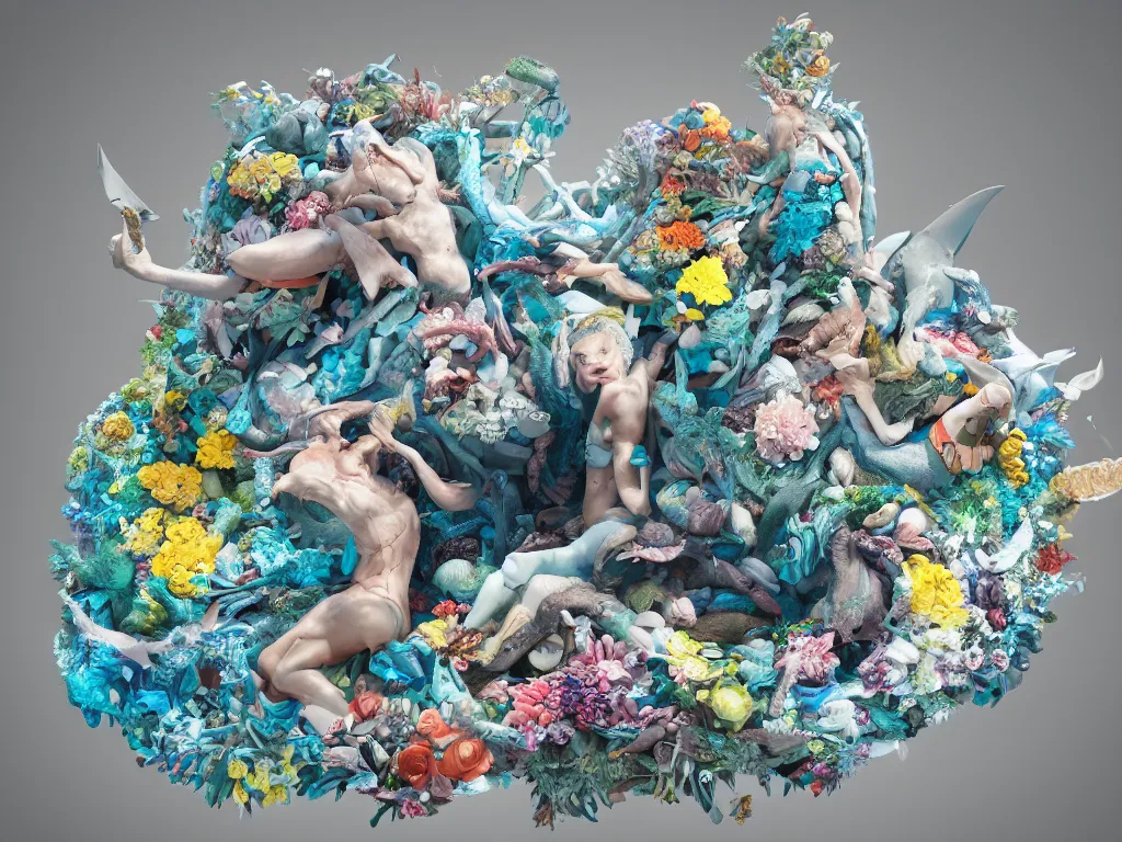 Image similar to a sculpture of ocean shark intertwined, a lovely cornucopia of flowers and human body parts, highly detailed, octane render, cinematic, shock