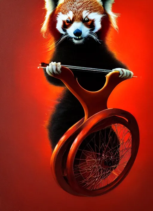 Image similar to portrait of a red panda riding a unicycle, playing a violin, intricate, elegant, glowing lights, highly detailed, digital painting, artstation, concept art, smooth, sharp focus, illustration, art by wlop, mars ravelo and greg rutkowski