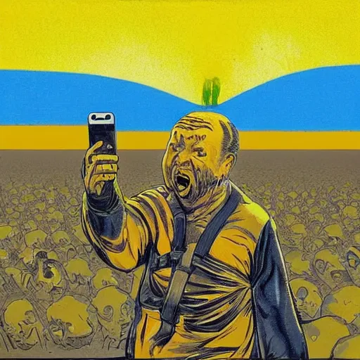 Prompt: selfie, radiation eats a funny ukrainian and ugly dwarfs alive wild pain and despair, all dressed and painted in dirty yellow - blue colors against the backdrop of a huge nuclear explosion from which everyone will die in a second