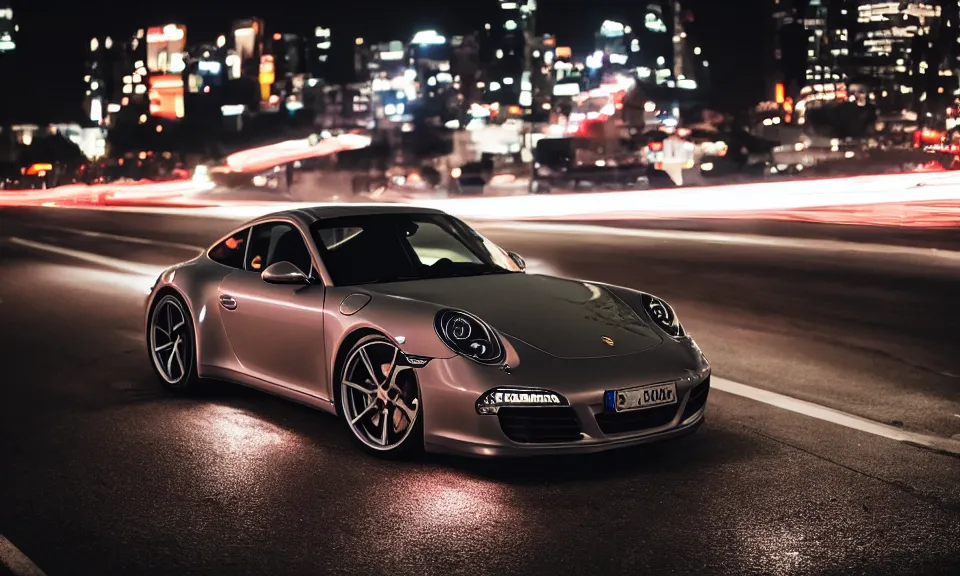 Image similar to photo of a porsche 911 at night driving fast through a city, cinematic, 4k, long exposure photography, tokyo drift, fast and furious, film still, night photography, motion blur, lens flare, movie shot, light trail, distortion, wide angle