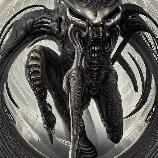 Image similar to engineer prometheus, xenomorph alien, highly detailed, symmetrical long head, smooth marble surfaces, detailed ink illustration, raiden metal gear, cinematic smooth stone, deep aesthetic, concept art, post process, 4k, carved marble texture and silk cloth, latex skin, highly ornate intricate details, prometheus, evil, moody lighting, hr geiger, hayao miyazaki, indsutrial Steampunk