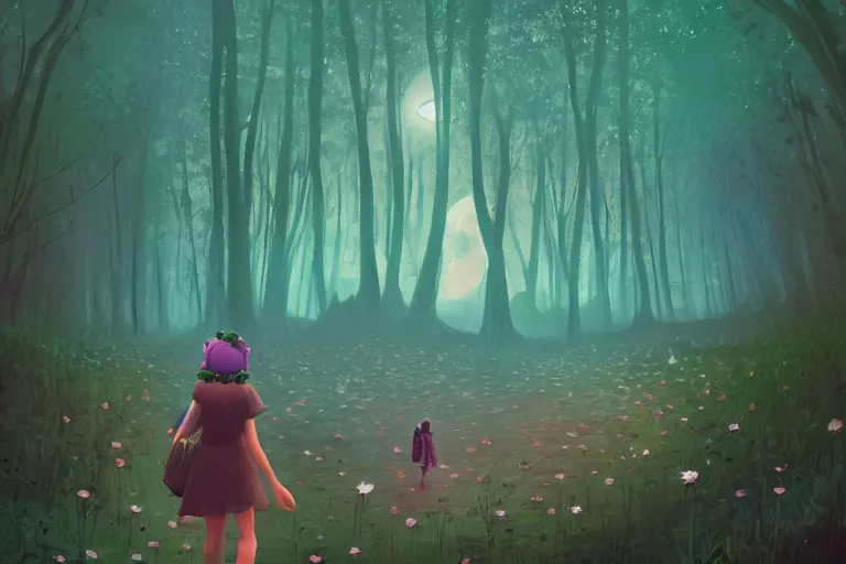 Image similar to giant daisy flower on head, girl walking in forest, big trees, surreal photography, dark night, stars, moon light, impressionist painting, clouds, digital painting, artstation, simon stalenhag