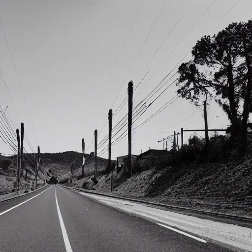 Prompt: a road next to warehouses, and a hill background with a radio tower on top, disposable camera effect