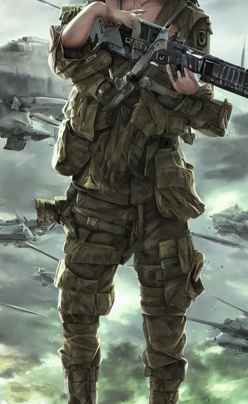 Image similar to girl, trading card front, future soldier clothing, future combat gear, realistic anatomy, concept art, professional, by ufotable anime studio, green screen, volumetric lights, stunning, military camp in the background, metal hard surfaces, generate realistic face, strafing attack plane