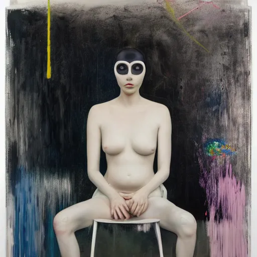 Image similar to portrait of a morphed gamer sitting on a stool looking into a mirror doing makeup by james jean and luc tuymans and beeple and hernan bas and pat steir and hilma af klint, psychological, 3 d, dripping paint, monochrome, high quality render, masterpiece