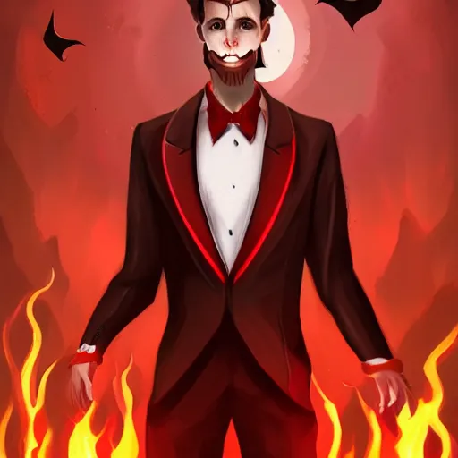 Prompt: a male red Devil wear a tuxedo in hell,Landscape, fire ,environment, Artstation