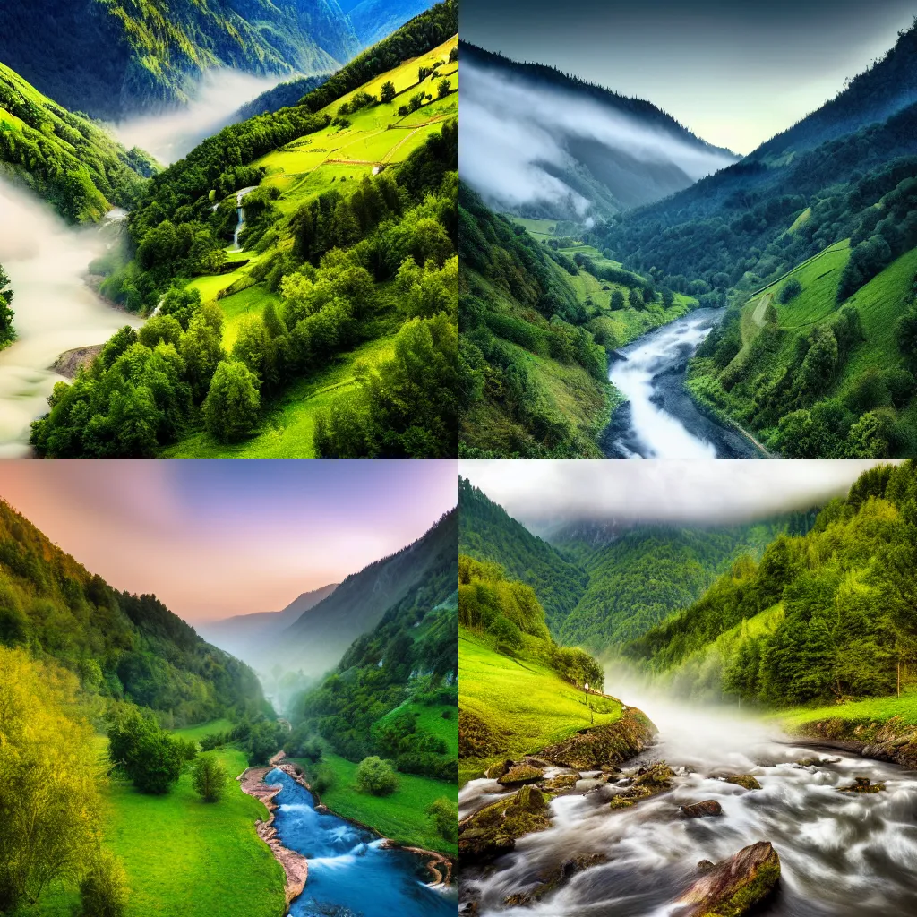 Prompt: beautiful valley with a river and villages between mountains with misty waterfalls during dawn in austria, ultra realistic!!!, professional photograph, deep focus, high detail,