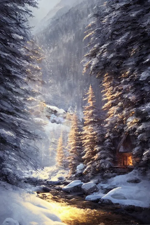 Prompt: snowy cozy mountain lodge by a small river stream in a forrest in canadian mountains in the evening sun, iceicles, by philippe gare, artstation, greg rutkowski