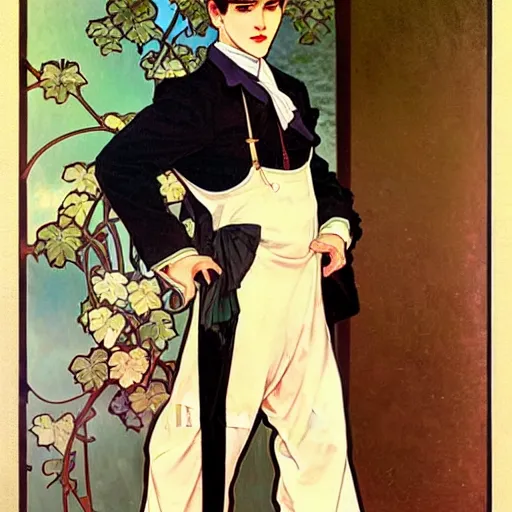 Image similar to full body painting of grumpy handsome thin beautiful young man in his 2 0 s named min - jun in a french female maid outfit and crossing his arms, modern clothing, elegant, clear, painting, stylized, sharp facial features, pouty, highly detailed, art, art by alphonse mucha