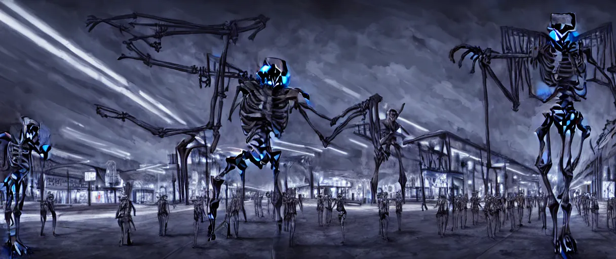 Image similar to hyperrealistic skeleton army mall in background ute osterwald jason limon concept art dramatic blue lighting wide angle hd 8k sharp shallow depth of field