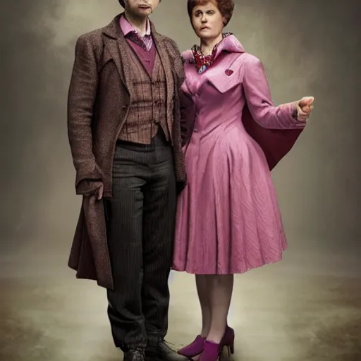 Image similar to david tennant and imelda staunton as dolores umbridge in pink clothes with the tenth doctor who, highly detailed, artstation, concept art, smooth, sharp focus, illustration, perfect face, art by willem claesz. heda, nikolay makovsky, jacek malczewski, arthur hughes, edward okun