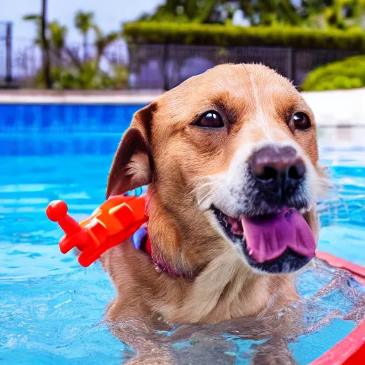 Image similar to a dog in a pool with a toy boat on the top of the dog's head, realistic, highly detailed, photo, 4k