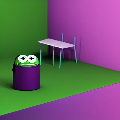 Image similar to isometric minimalistic backroom with pepe the frog and trashcans, cinema 4 d, 1 0 0 0 mm, purple and green scheme depth of field, octane render, studio lighting