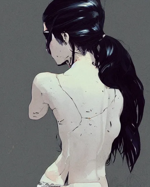 Image similar to a ultradetailed beautiful back painting of a stylish woman with white hair in a short pony tail, she is wearing jeans, by conrad roset, greg rutkowski and makoto shinkai trending on artstation