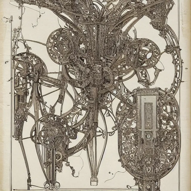 Image similar to beautiful, symmetric, art nouveau, detailed, intricate technical drawings on parchment from 1 8 4 0 with extensive written labels and covered in scribbled pencil notes in open space, for a mechanical art creation drawing robot, by ron cobb and alphonse mucha