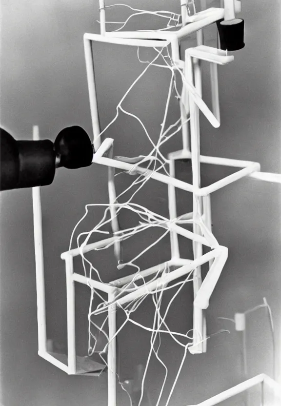 Image similar to a chess - piece building machine, minimal white machinery with cables, a surrealist sculpture by marcel duchamp, archival pigment print, 1 9 1 4, conceptual art, artwork, academic art, surrealist, fluxus