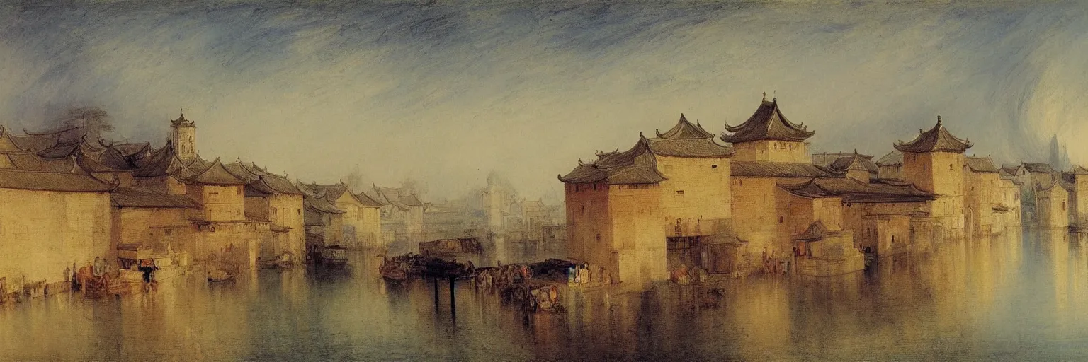 Image similar to wuzhen of china impressionism style by j. m. w. turner, c. 1 8 2 7, - h 1 5 3 6