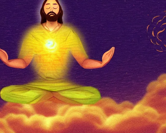 Image similar to god floating down from heaven. he is meditating. inspired by meditation