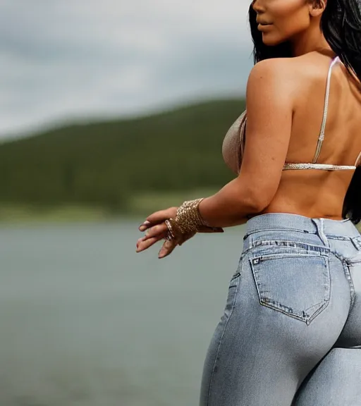 Prompt: rear waist shot film still of kim kardashian wearing high waist jeans, standing by a lake, intricate, elegant, highly detailed, smooth, sharp focus.