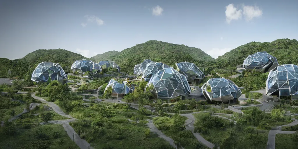 Image similar to futuristic eco-village with high diversified houses, solarpanels and integrated in nature, opposite of urban sprawl, forte gimenes marcondes ferryz arquitetos detailed, octane render, photo realism, 3D, ray tracing, photo realism