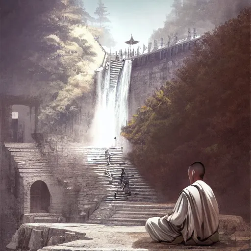 Image similar to A wise swordsman sitting meditating on a stone of a shaolin temple mount with a waterfall behind, artstation, Greg rutkowski, cinematic, digital Art