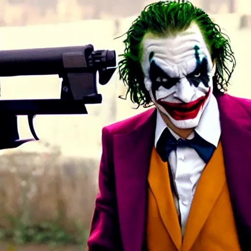 Image similar to A still of Mr Bean as the Joker pointing a gun at the camera in Joker (2019)