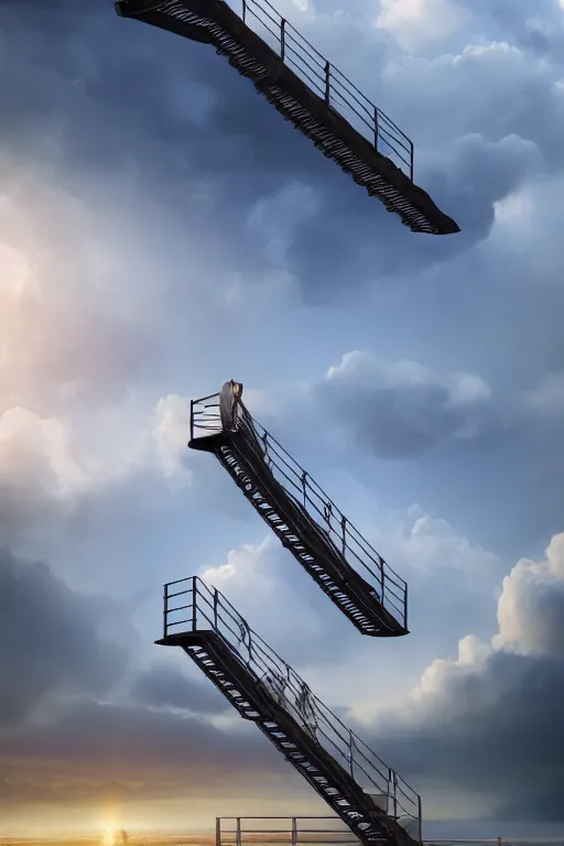 Image similar to infinite stairs rising to the heaven in the middle of the sky, concept art, octane render, unreal engine 5, digital painting, hyperrealistic, highly detailed, high quality, 8 k hdr, digital art, clouds in the sky, breathtaking view, path traced, god, godrays, beautiful, elegant, harmonious, complementary colors, natural lighting